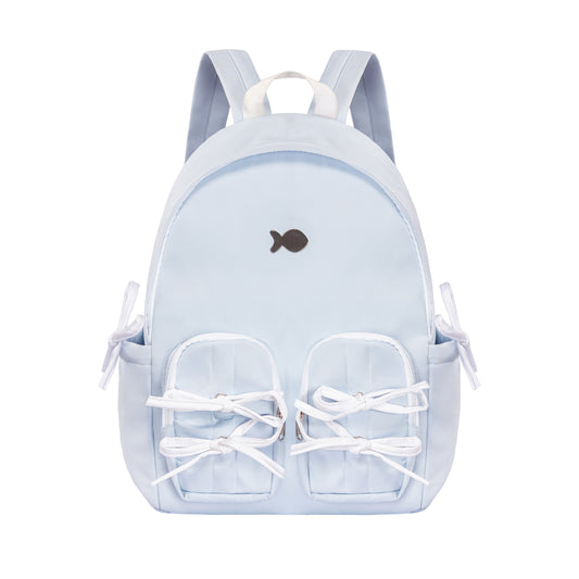 Light blue backpack with shoe design on a white background