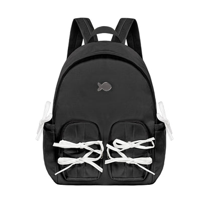 Black backpack with white laces on a white background