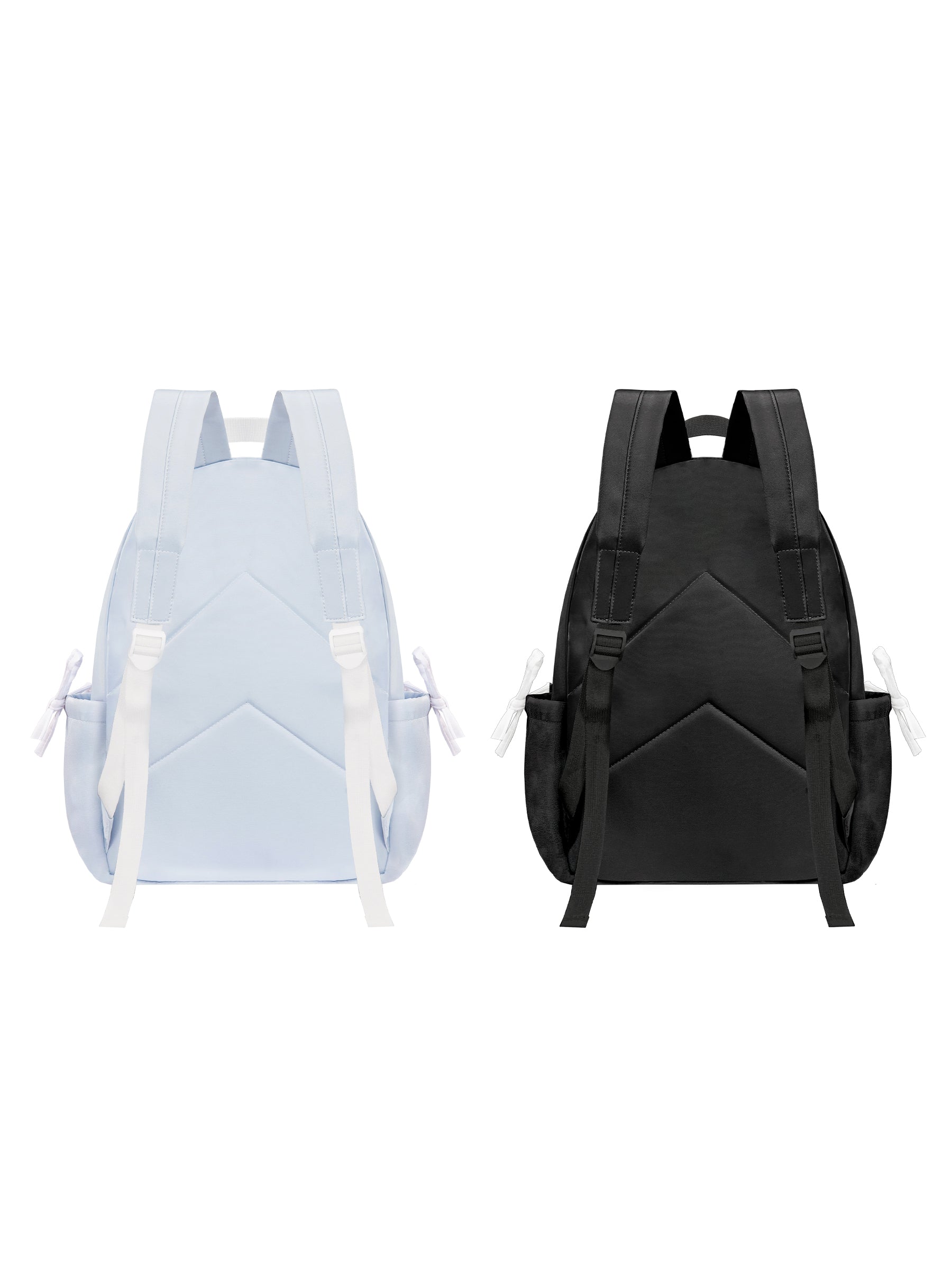 Light blue and black backpacks side by side on a white background