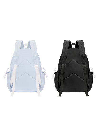 Light blue and black backpacks side by side on a white background