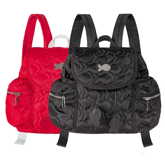 Red and black backpacks with fish patterns on a white background