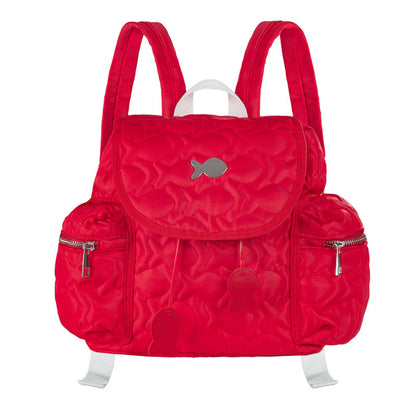 Red backpack with fish patterns on a white background