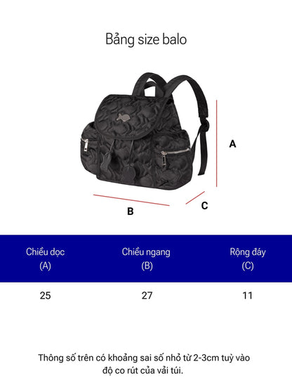 Black backpack with measurement chart on a white background