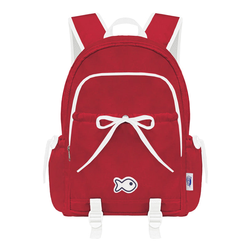 Red backpack with white accents on a white background