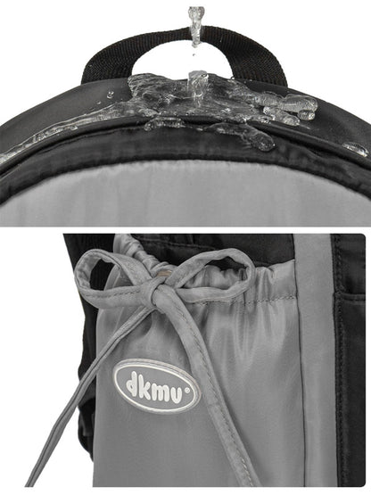 Backpack with water droplets and a close-up of the brand logo 'dkmu'.