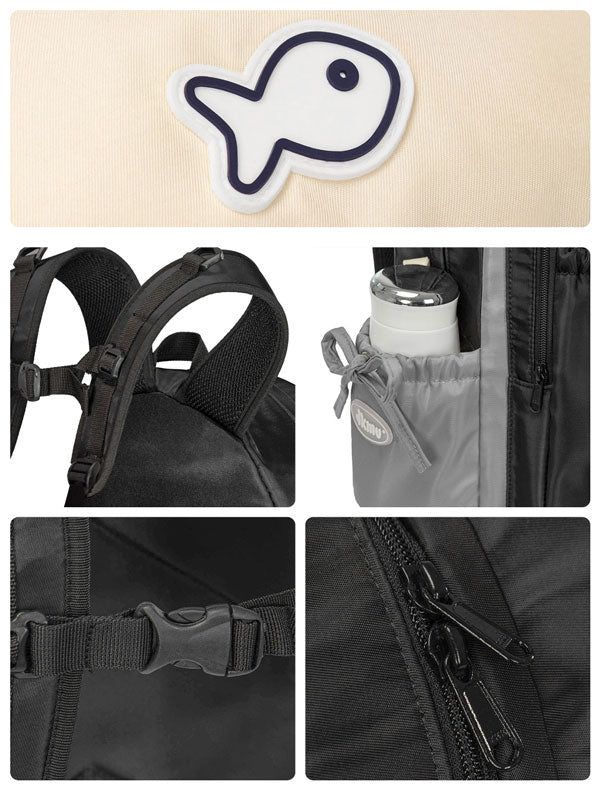 Collage of a black backpack with various details including a fish-shaped patch, straps, and zippers.