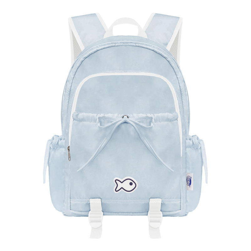 Light blue backpack with a fish emblem on a white background