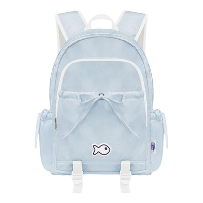 Light blue backpack with a fish emblem on a white background