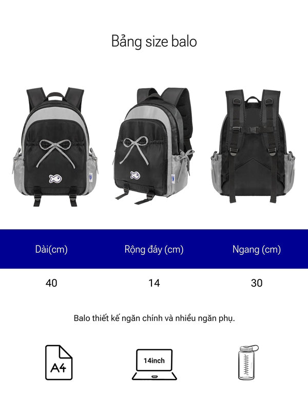 Three black and gray backpacks with dimensions displayed on a white background.