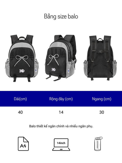 Three black and gray backpacks with dimensions displayed on a white background.