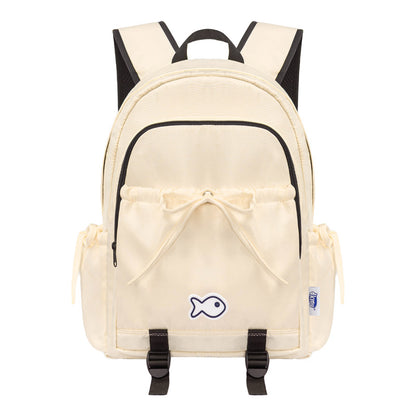 Beige backpack with black straps on a white background