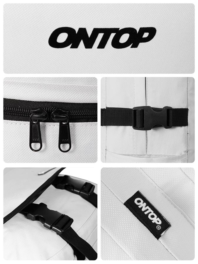 Collage of a white bag with black zippers and 'ONTOP' branding.
