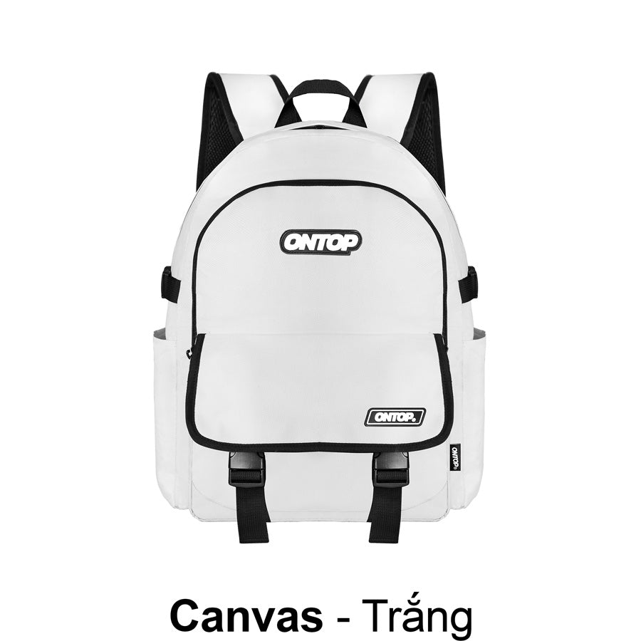 White backpack with black straps and 'ONTOP' branding on a white background