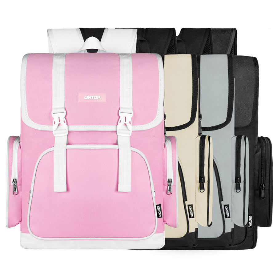 Pink backpack with white accents and multiple color options on a white background