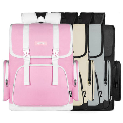 Pink backpack with white accents and multiple color options on a white background