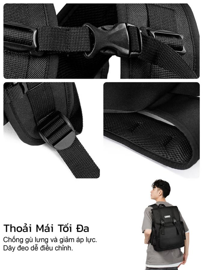 Black backpack with adjustable straps and a person wearing it, on a white background.