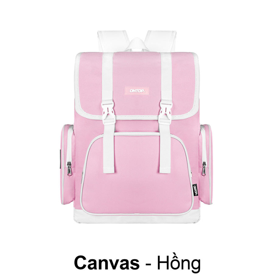 Pink backpack with white straps on a white background