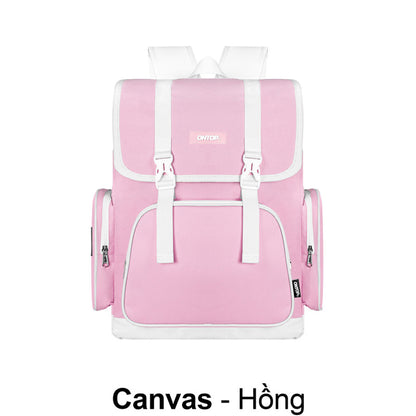 Pink backpack with white straps on a white background