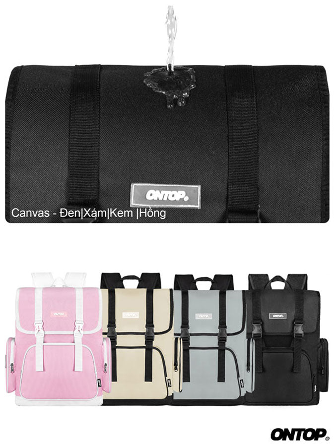 Black bag with 'ONTOP' branding and a display of colorful bags below on a white background.