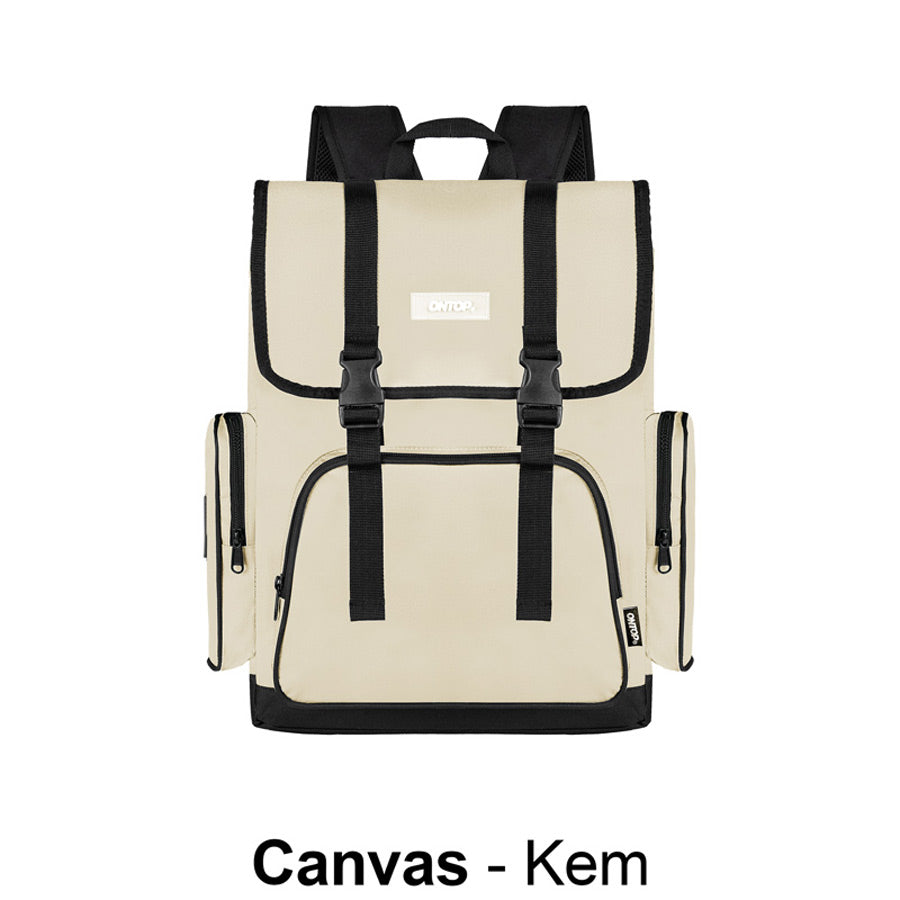 Beige backpack with black straps on a white background