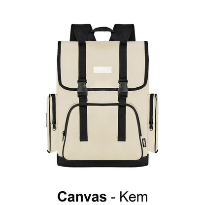 Beige backpack with black straps on a white background