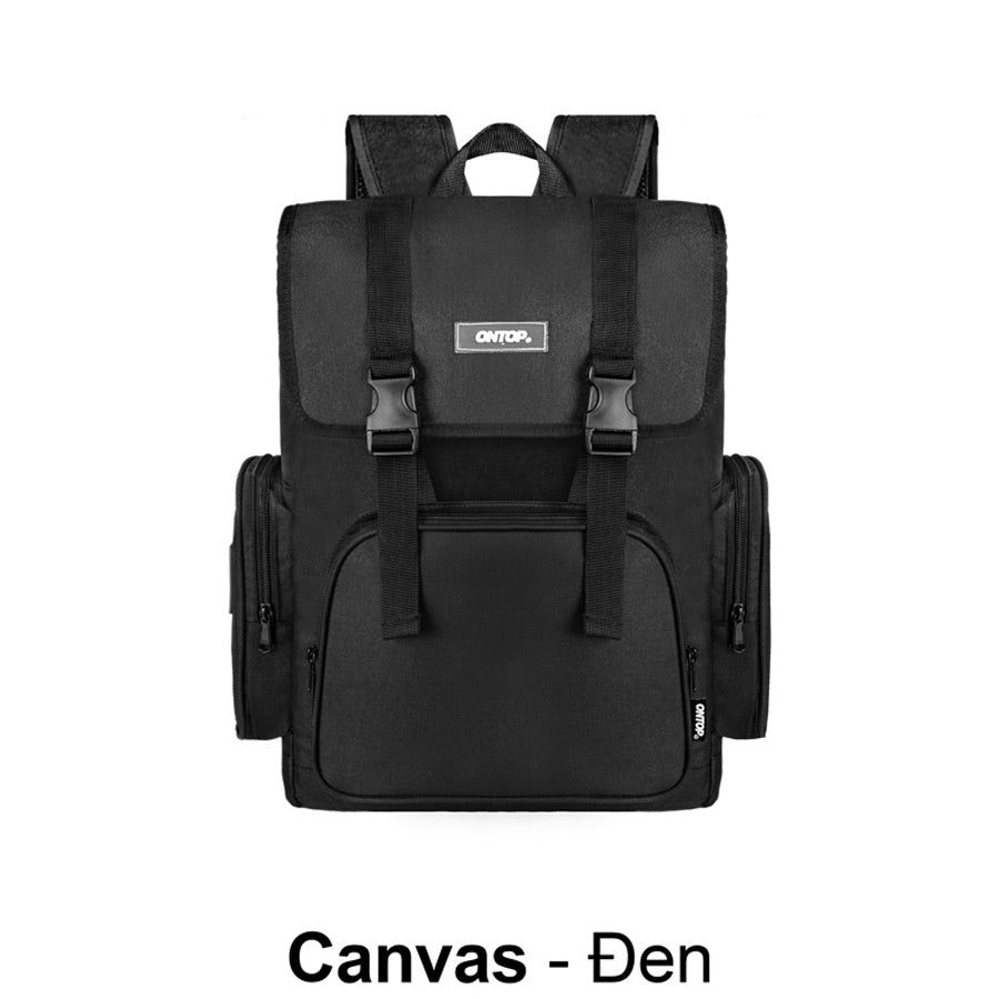 Black backpack with a visible brand logo on a white background