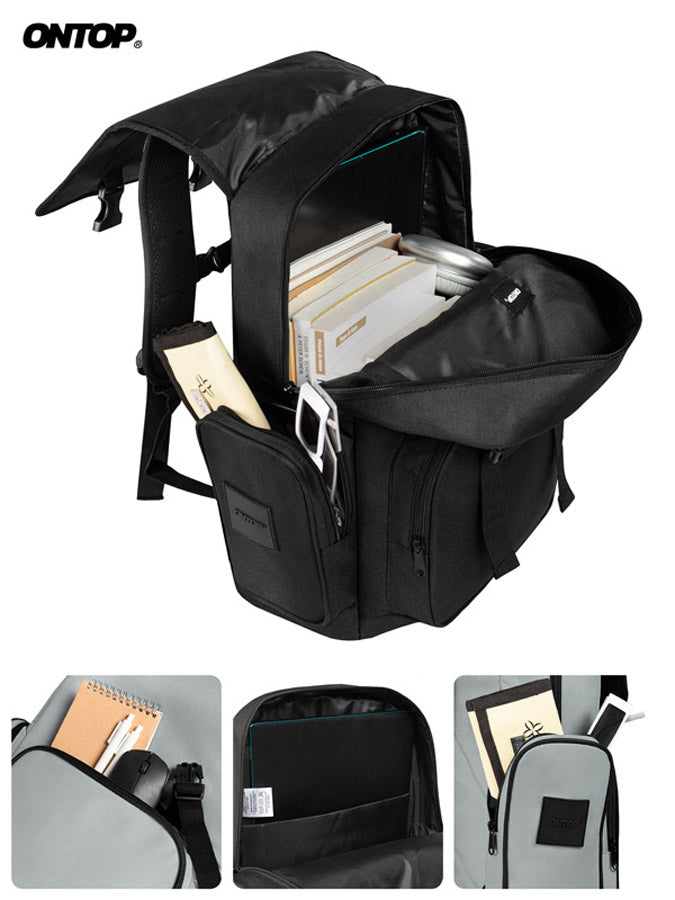Black backpack with compartments and items, featuring the brand 'ONTOP'.