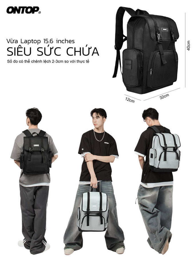 Black backpack with measurements and lifestyle usage shown on a white background