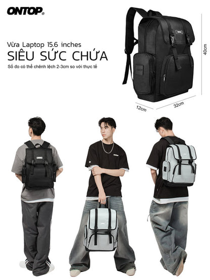 Black backpack with measurements and lifestyle usage shown on a white background