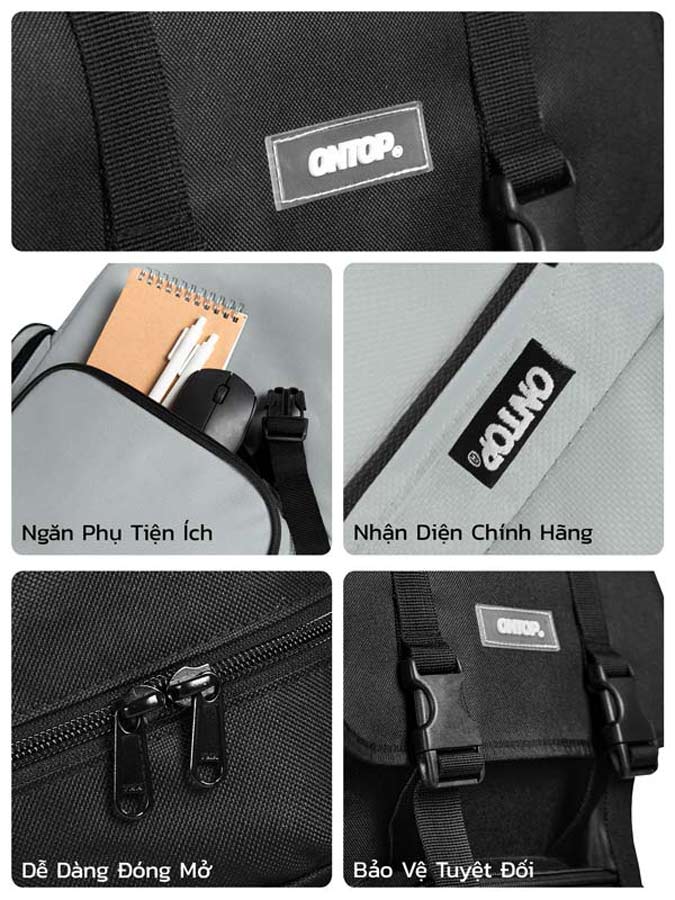 Collage of a black bag with visible branding, showing different features and compartments.