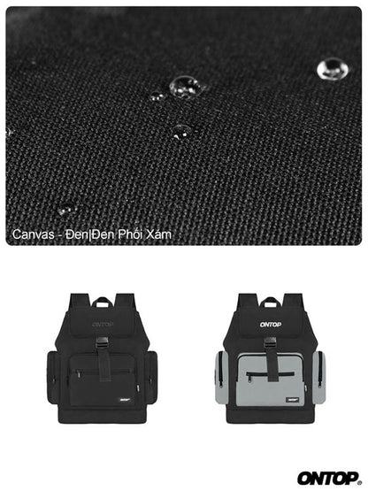 Black backpack with gray accents on a white background, featuring the ONTOP brand.