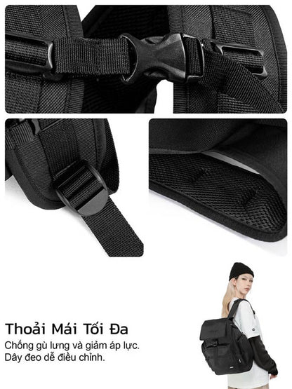 Black backpack with adjustable straps and a person wearing it.
