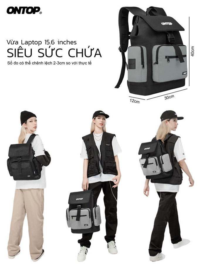 Backpack with dimensions and a person wearing it, featuring the brand 'ONTOP'.