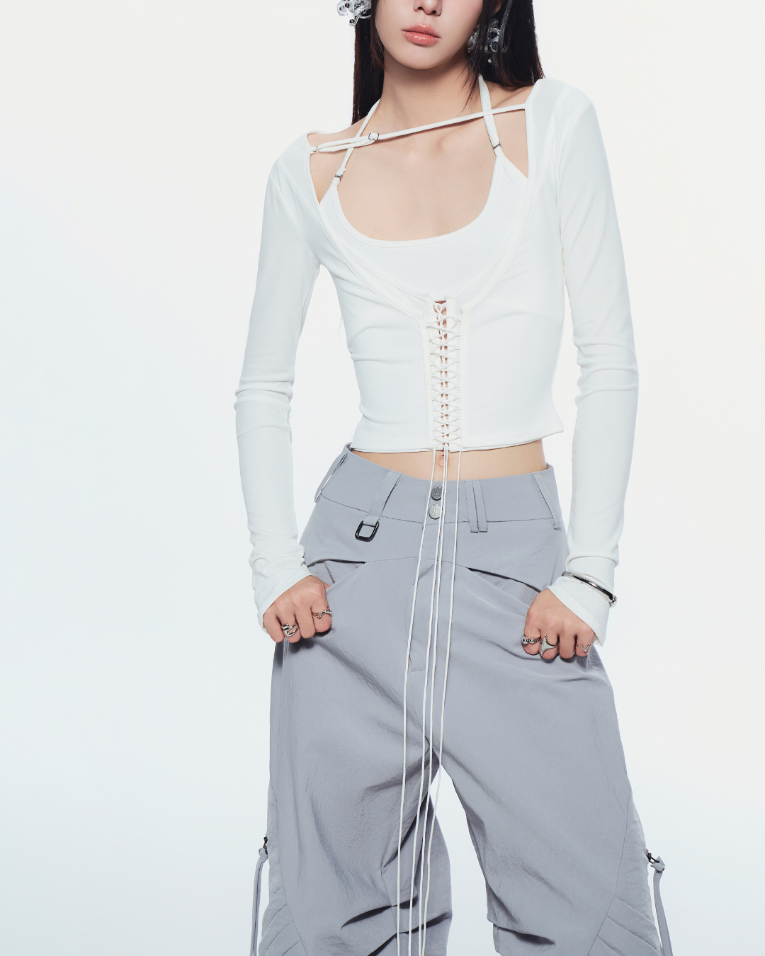 White Bisou Long Sleeve Top – Bunnyhill Concept front view
