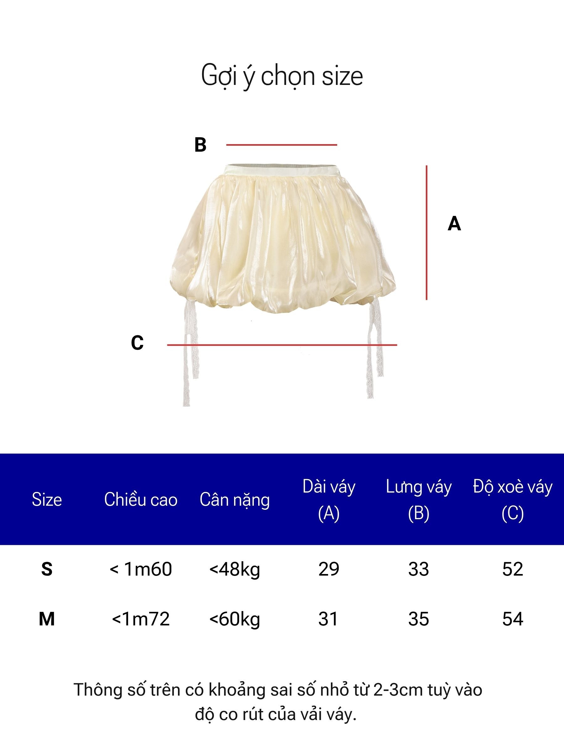 Size chart for a skirt with measurements in centimeters