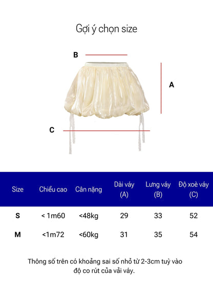 Size chart for a skirt with measurements in centimeters