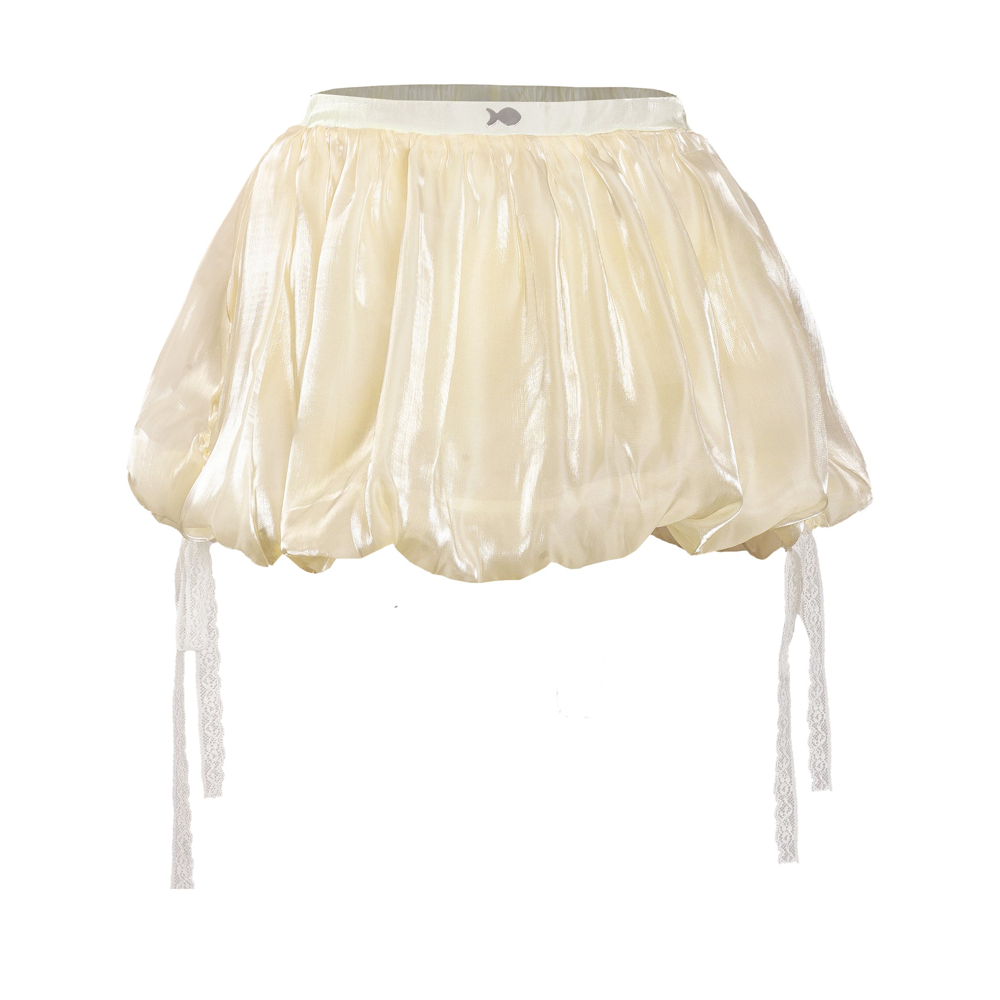 Beige tulle skirt with white ribbons on a white background