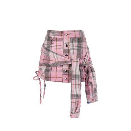 Pink plaid skirt with buttons on a white background
