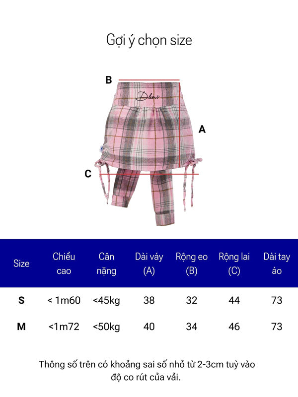 Size chart for a plaid outfit with measurements labeled A, B, and C on a white background.