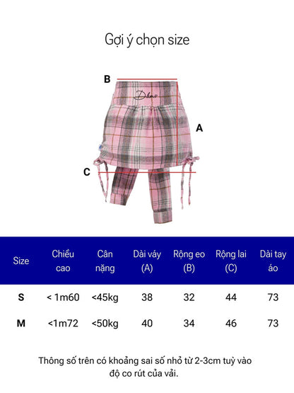 Size chart for a plaid outfit with measurements labeled A, B, and C on a white background.