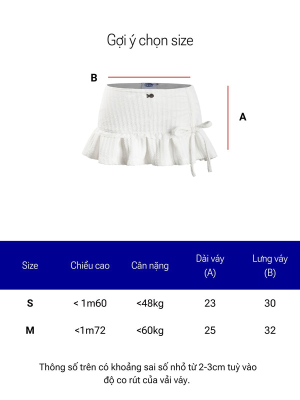 Measurement guide for a white skirt with size chart on a white background
