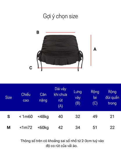Measurement chart for a black skirt with dimensions labeled A, B, and C on a white background.