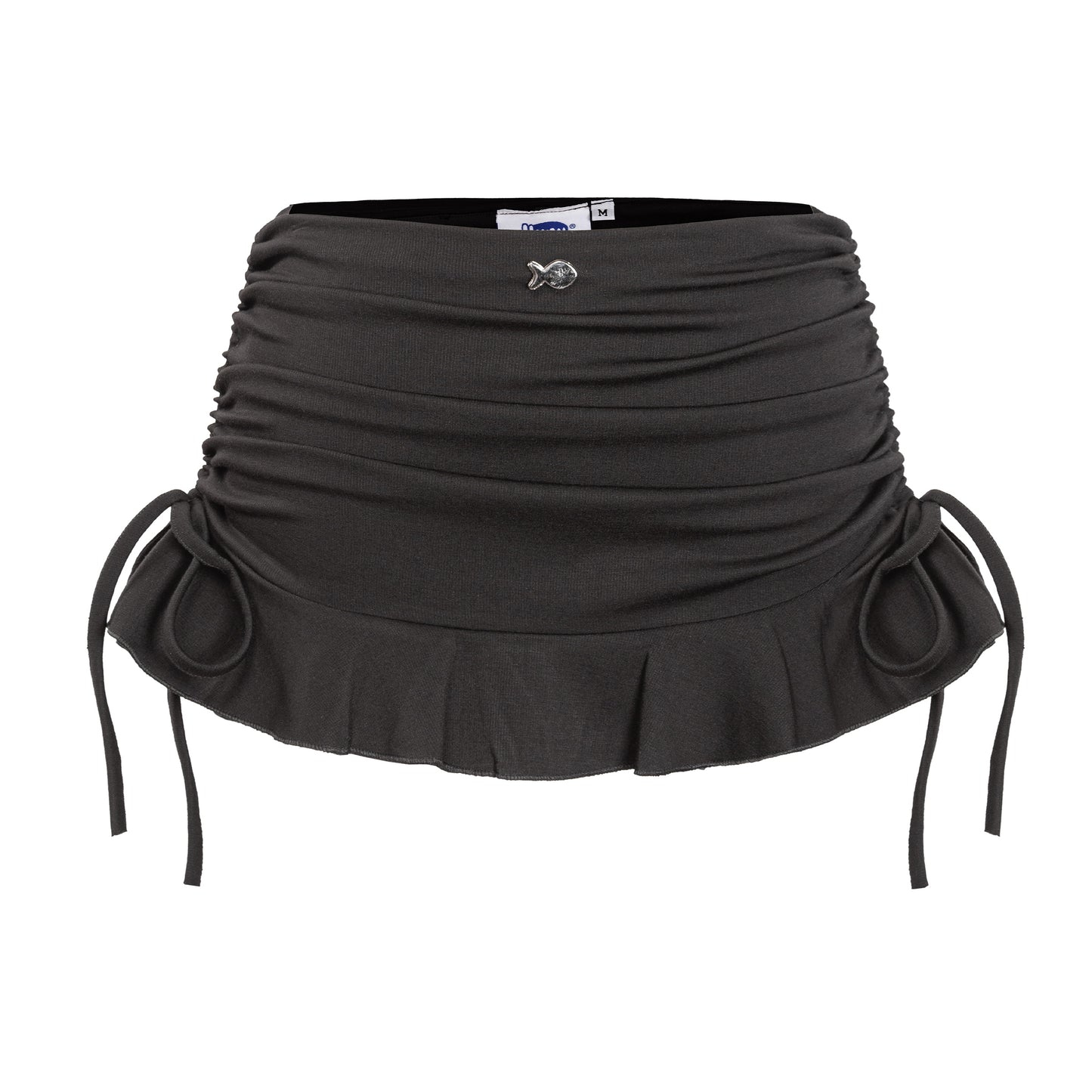 Black skirt with ruched design and tied waist on a white background