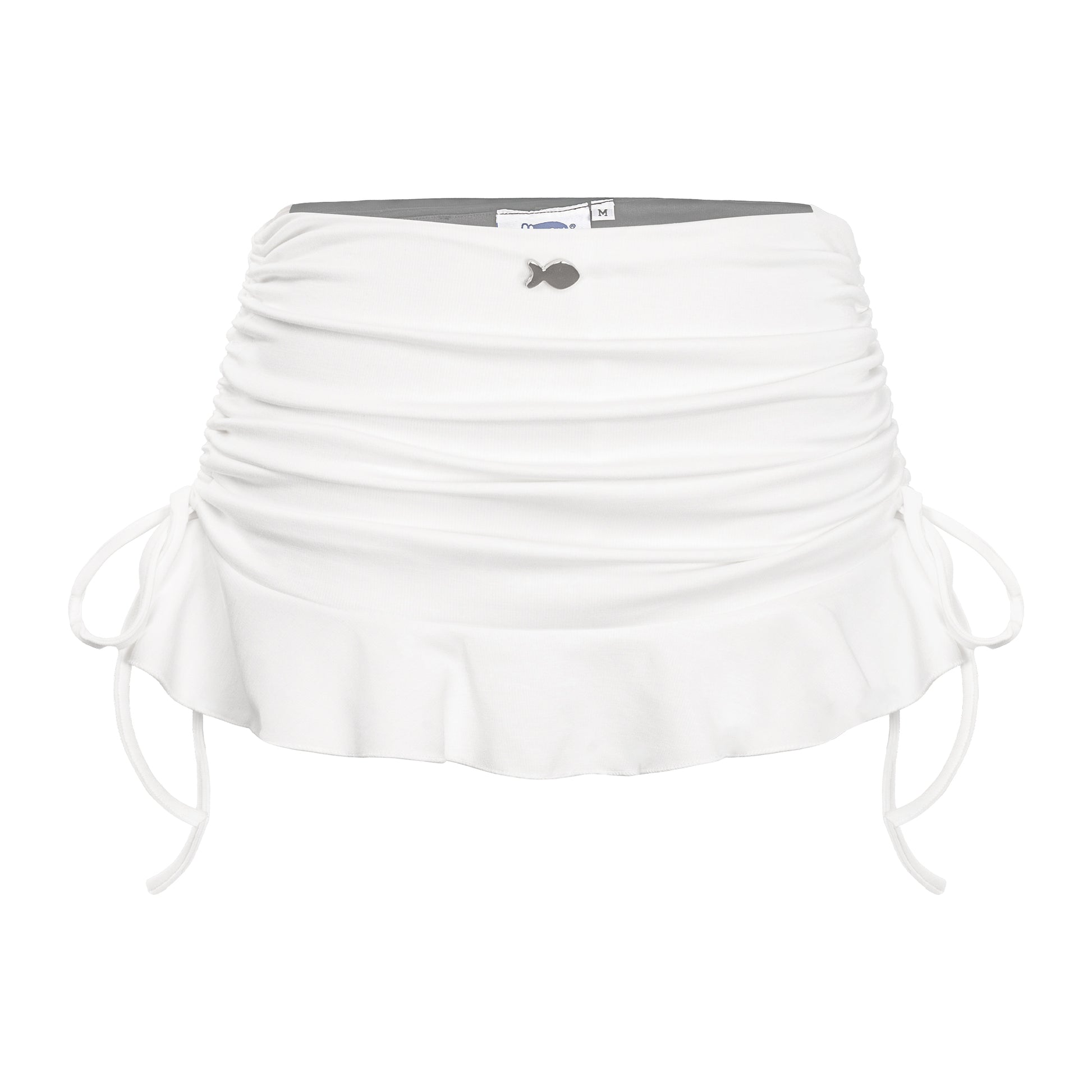 White ruched skirt with a gray waistband on a white background