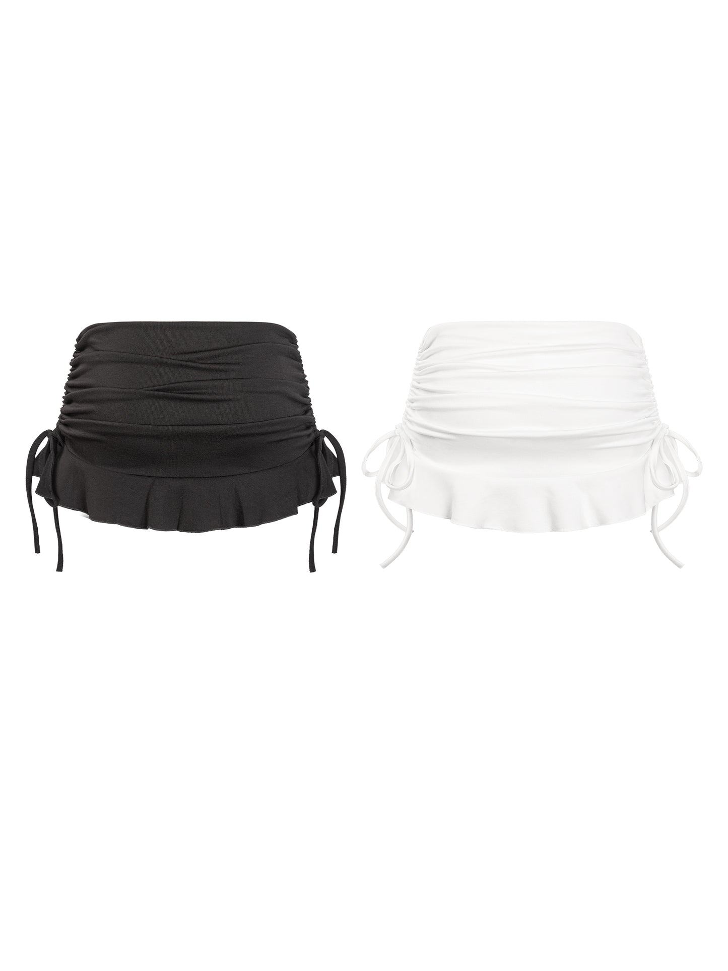 Black and white ruched waistband tops on a white background