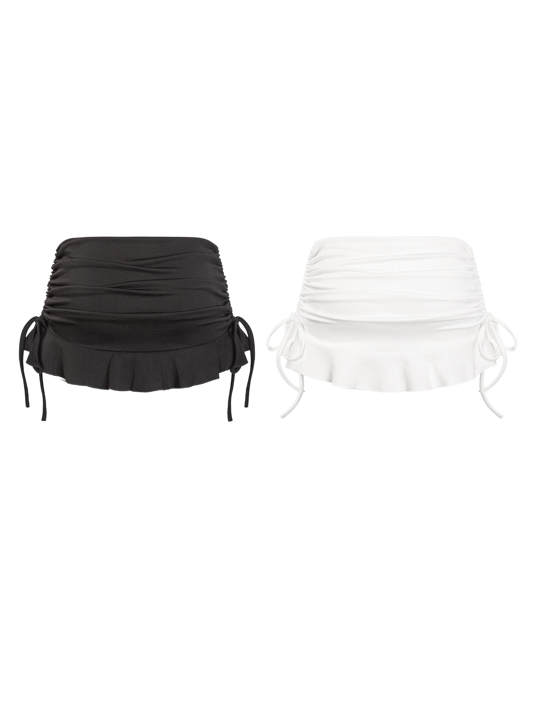 Black and white ruched waistband tops on a white background