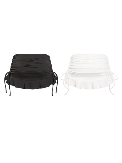 Black and white ruched waistband tops on a white background