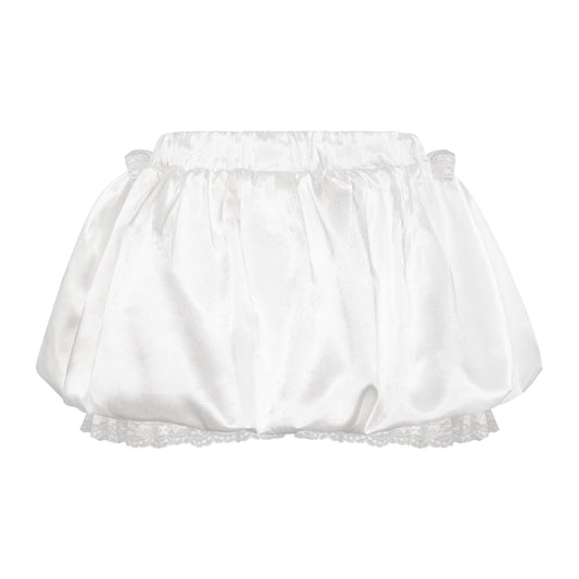 White satin baby bloomers with lace trim on a white background