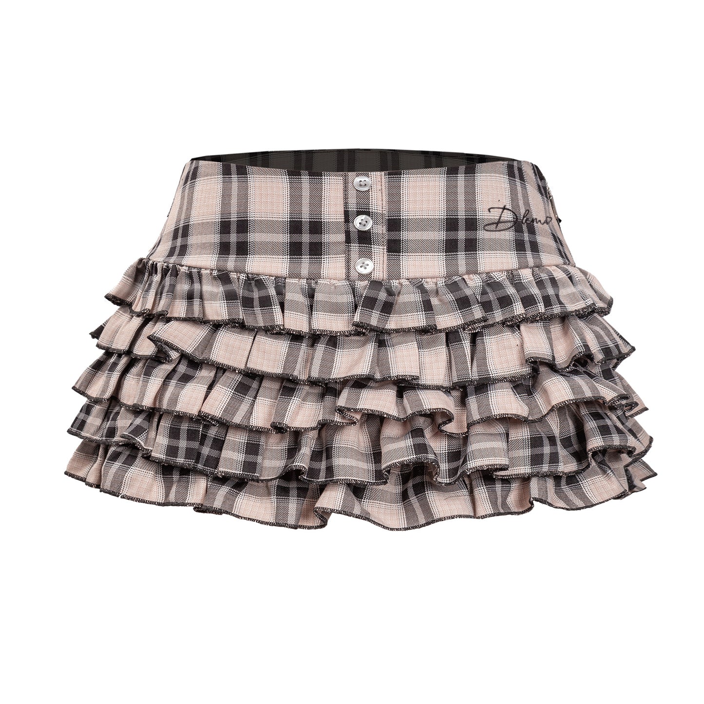 Plaid ruffled skirt with button waistband on a white background