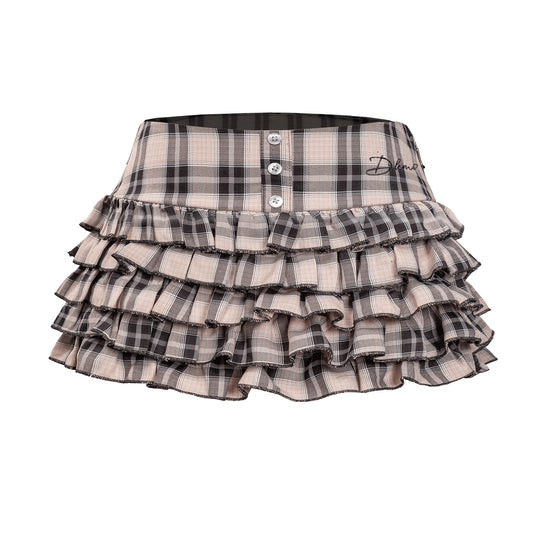 Plaid ruffled skirt with button waistband on a white background